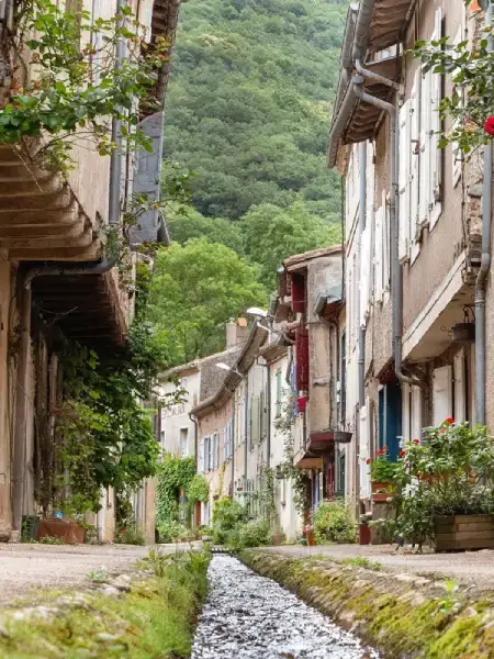 Ruelle emblématique du village de Durfort avec son ruisseau central au pied de la montagne Noire.