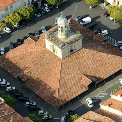 Revel 3 Vue aérienne de la Halle de Revel et de son beffroi, célèbre pour son marché du samedi matin à quelques minutes du Camping Saint Martin à Sorèze. Ne manquez pas l'un des plus beaux marchés de France à Revel lors de votre séjour dans notre camping Saint Martin à Sorèze.